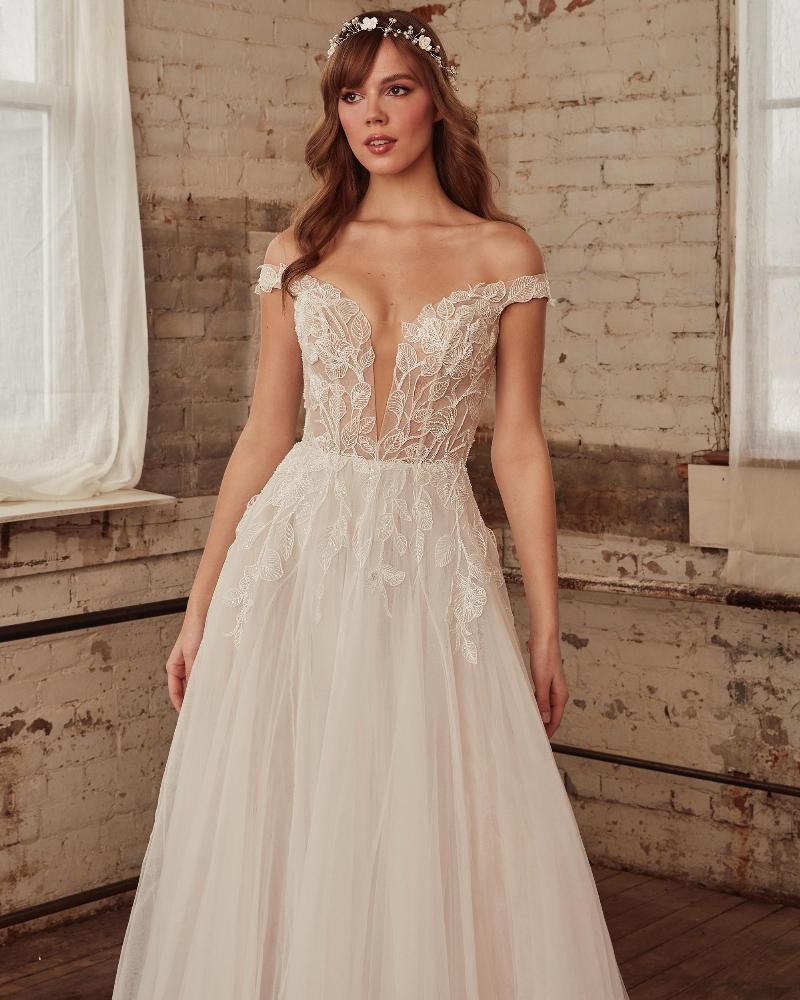 La21224 off the shoulder lace and tulle wedding dress with a line silhouette3